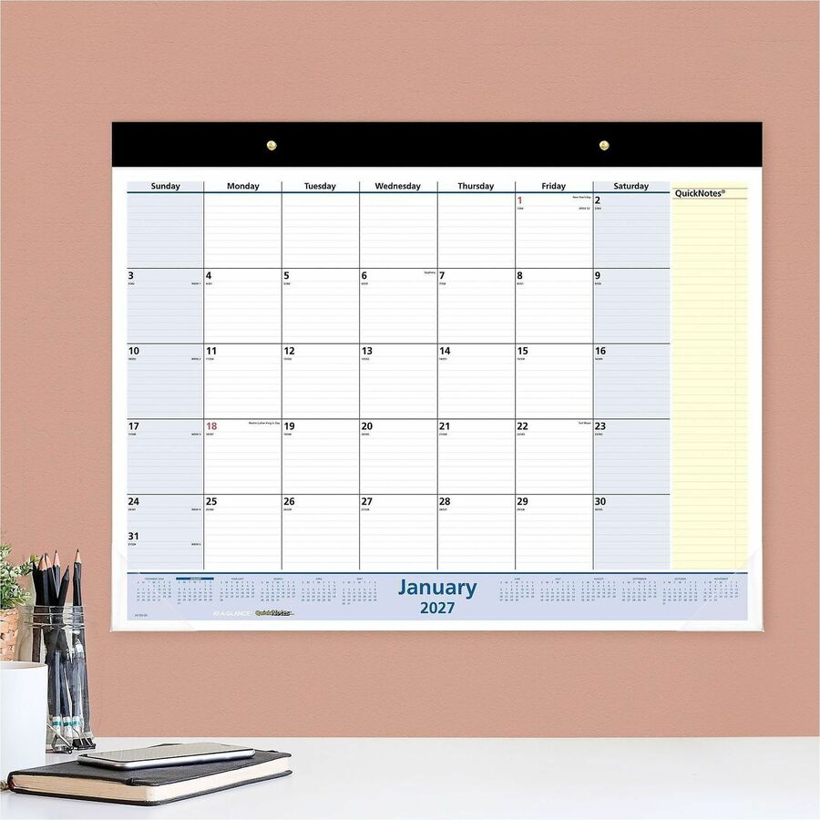 QuickNotes Desk Pad, 22 x 17, White/Blue/Yellow Sheets, Black Binding, Clear Corners, 13-Month (Jan to Jan): 2024 to 2025