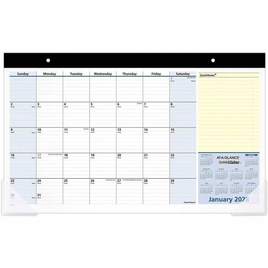 At-A-Glance QuickNotes 2024 Compact Monthly Desk Pad Calendar, Compact, 18" x 11" - Standard Size - Julian Dates - Monthly - 13 Month - January 2024 - January 2025 - 1 Month Single Page Layout - 18" x 11" White Sheet - Headband - Desktop - Blue, Whit