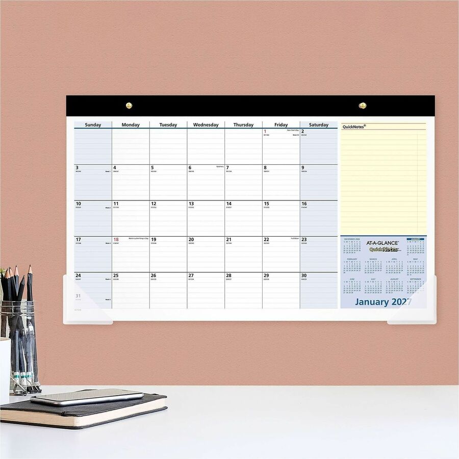 At-A-Glance QuickNotes 2024 Compact Monthly Desk Pad Calendar, Compact, 18" x 11" - Standard Size - Julian Dates - Monthly - 13 Month - January 2024 - January 2025 - 1 Month Single Page Layout - 18" x 11" White Sheet - Headband - Desktop - Blue, Whit