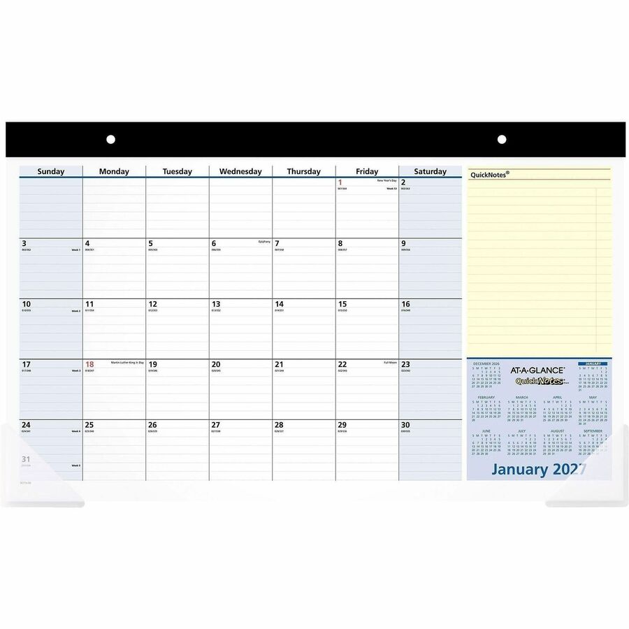 At-A-Glance QuickNotes 2024 Compact Monthly Desk Pad Calendar, Compact, 18" x 11" - Standard Size - Julian Dates - Monthly - 13 Month - January 2024 - January 2025 - 1 Month Single Page Layout - 18" x 11" White Sheet - Headband - Desktop - Blue, Whit