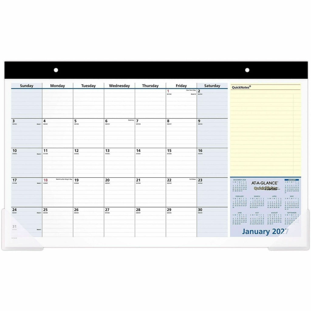At-A-Glance QuickNotes 2024 Compact Monthly Desk Pad Calendar, Compact, 18" x 11" - Standard Size - Julian Dates - Monthly - 13 Month - January 2024 - January 2025 - 1 Month Single Page Layout - 18" x 11" White Sheet - Headband - Desktop - Blue, Whit