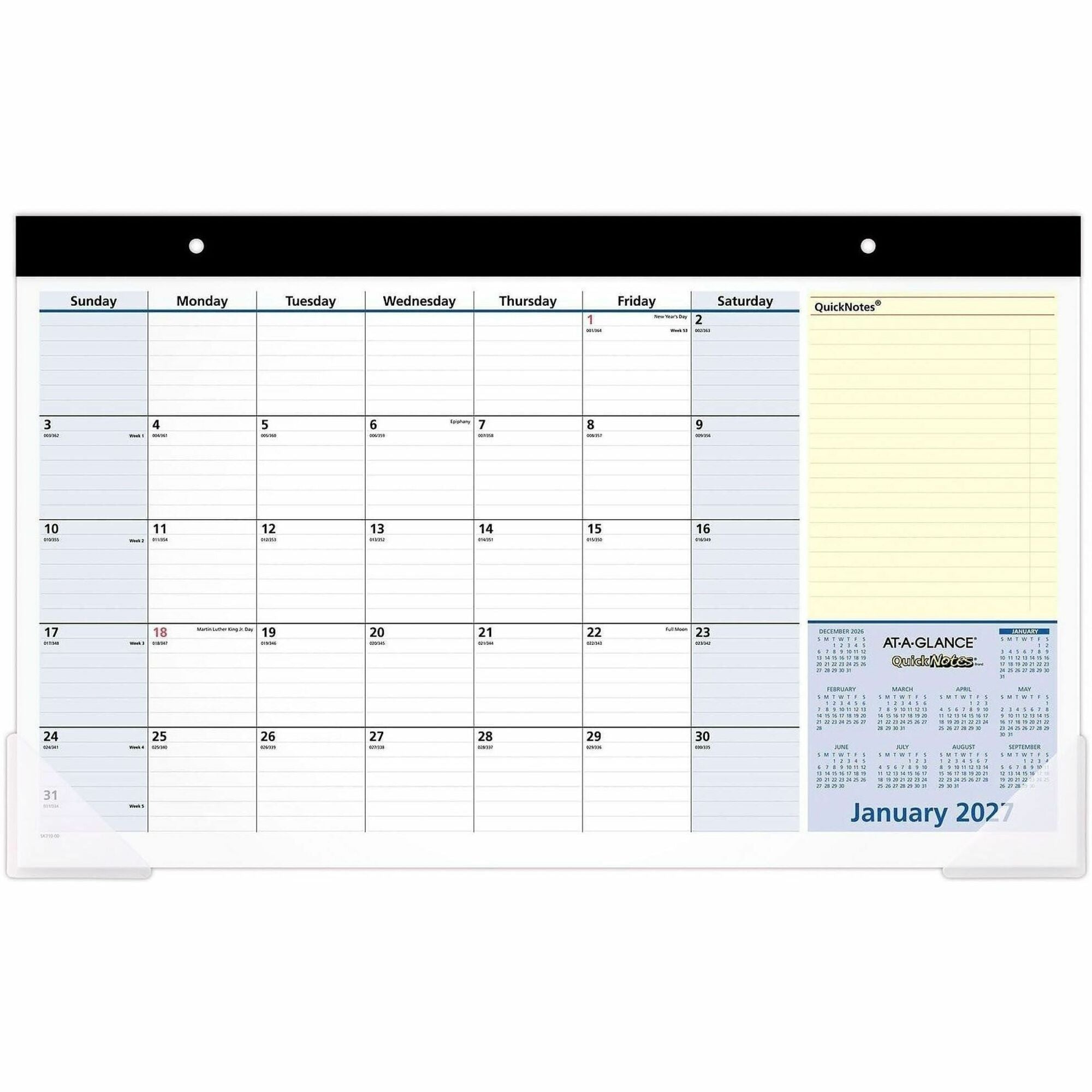 At-A-Glance QuickNotes 2024 Compact Monthly Desk Pad Calendar, Compact, 18" x 11" - Standard Size - Julian Dates - Monthly - 13 Month - January 2024 - January 2025 - 1 Month Single Page Layout - 18" x 11" White Sheet - Headband - Desktop - Blue, Whit