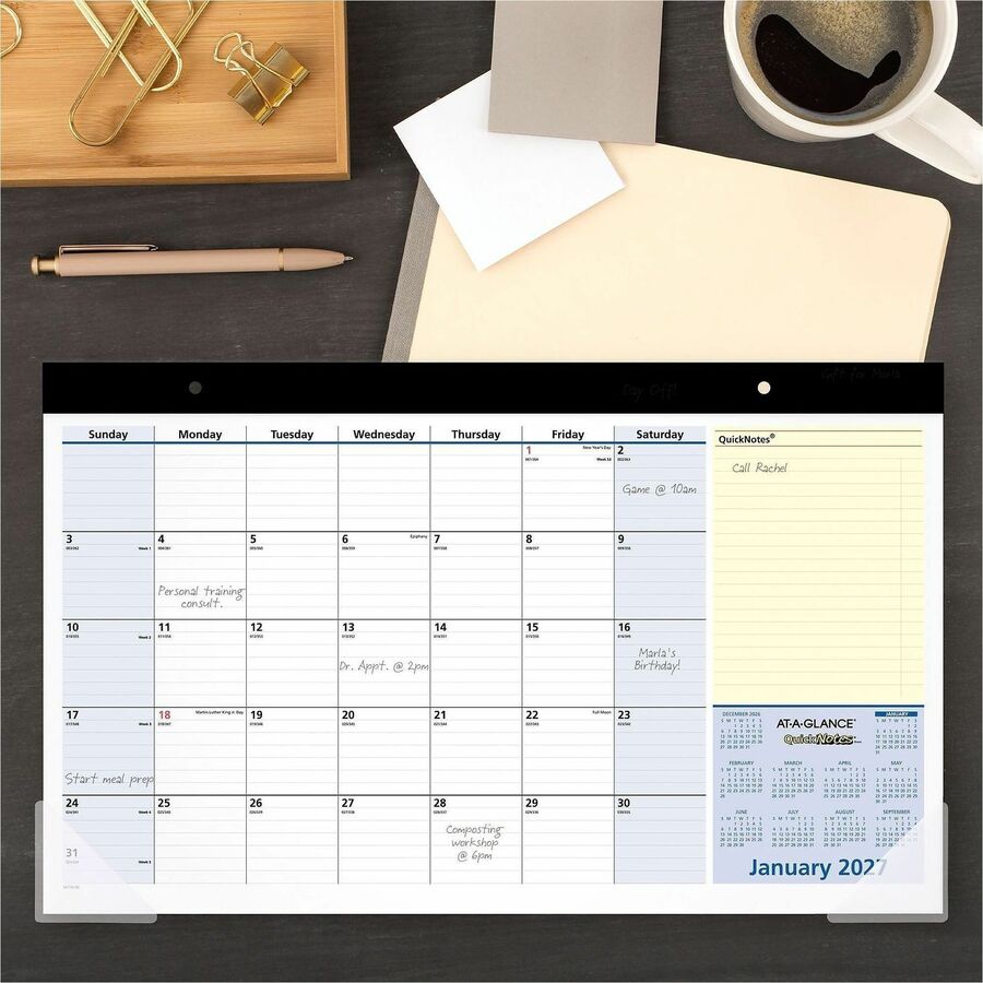 At-A-Glance QuickNotes 2024 Compact Monthly Desk Pad Calendar, Compact, 18" x 11" - Standard Size - Julian Dates - Monthly - 13 Month - January 2024 - January 2025 - 1 Month Single Page Layout - 18" x 11" White Sheet - Headband - Desktop - Blue, Whit