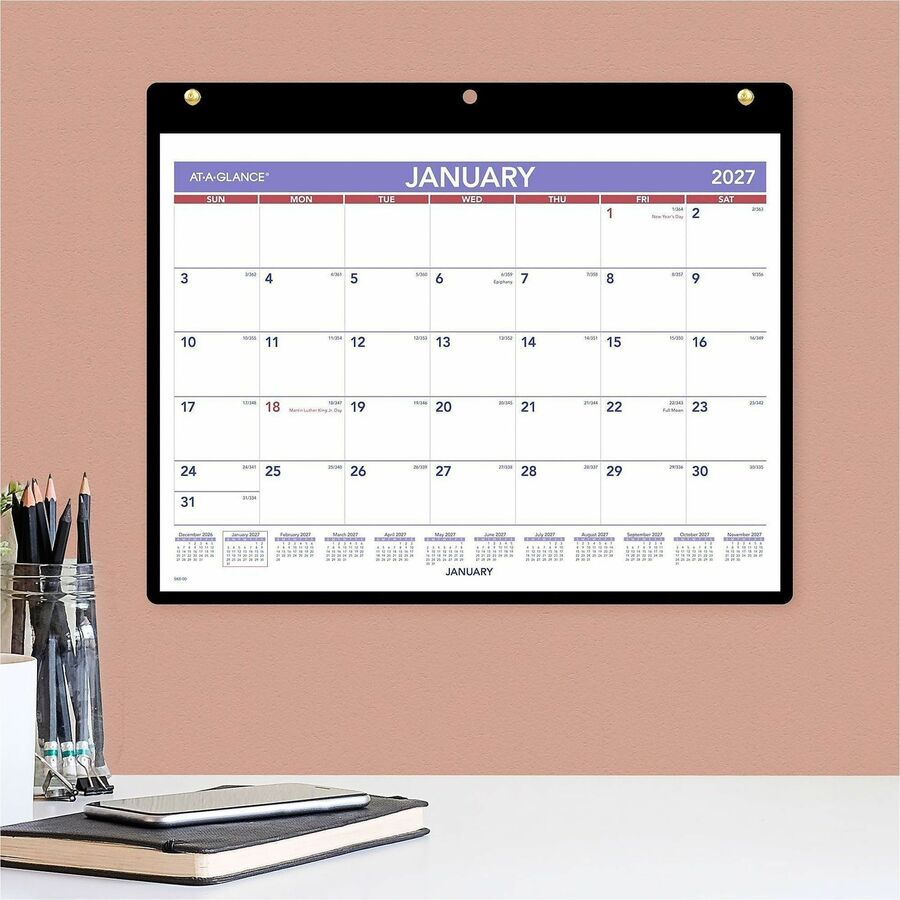 Monthly Desk/Wall Calendar with Plastic Backboard and Bonus Pages, 11 x 8, White/Violet/Red Sheets, 12-Month (Jan-Dec): 2024