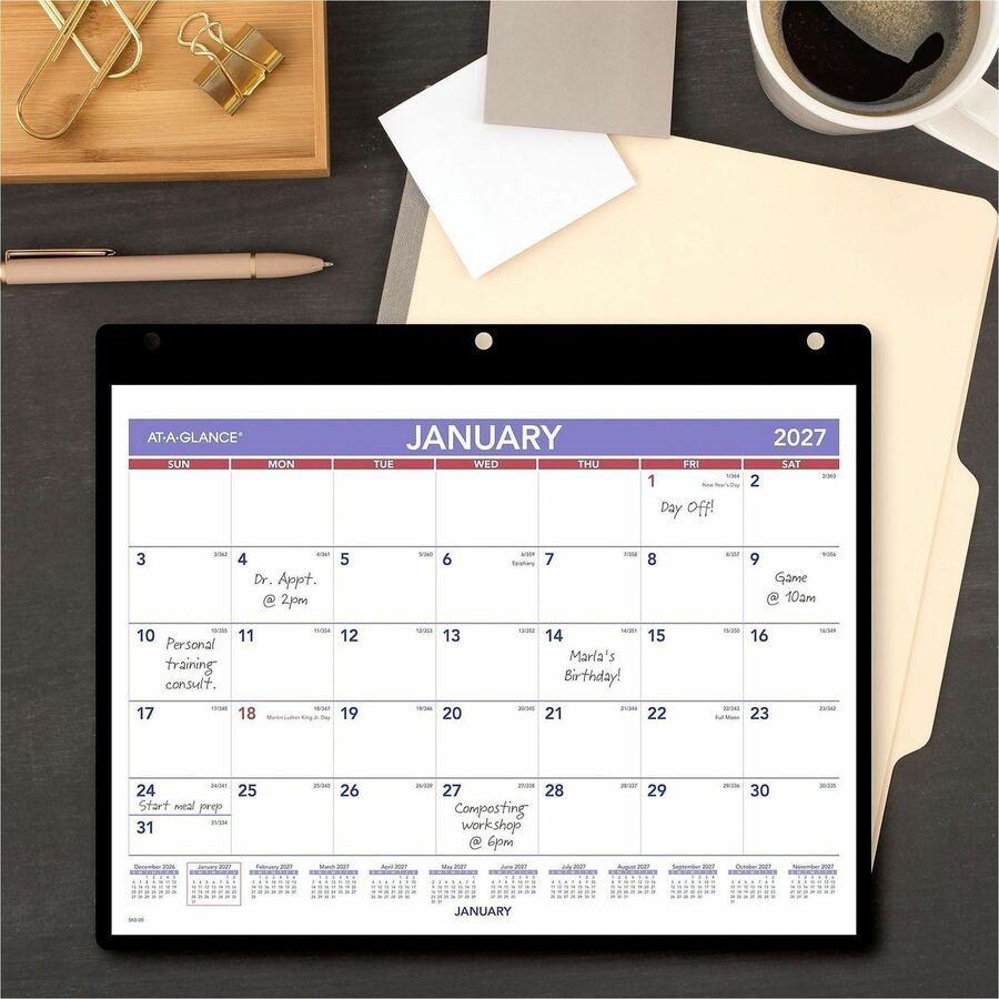 Monthly Desk/Wall Calendar with Plastic Backboard and Bonus Pages, 11 x 8, White/Violet/Red Sheets, 12-Month (Jan-Dec): 2024