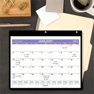 Monthly Desk/Wall Calendar with Plastic Backboard and Bonus Pages, 11 x 8, White/Violet/Red Sheets, 12-Month (Jan-Dec): 2024
