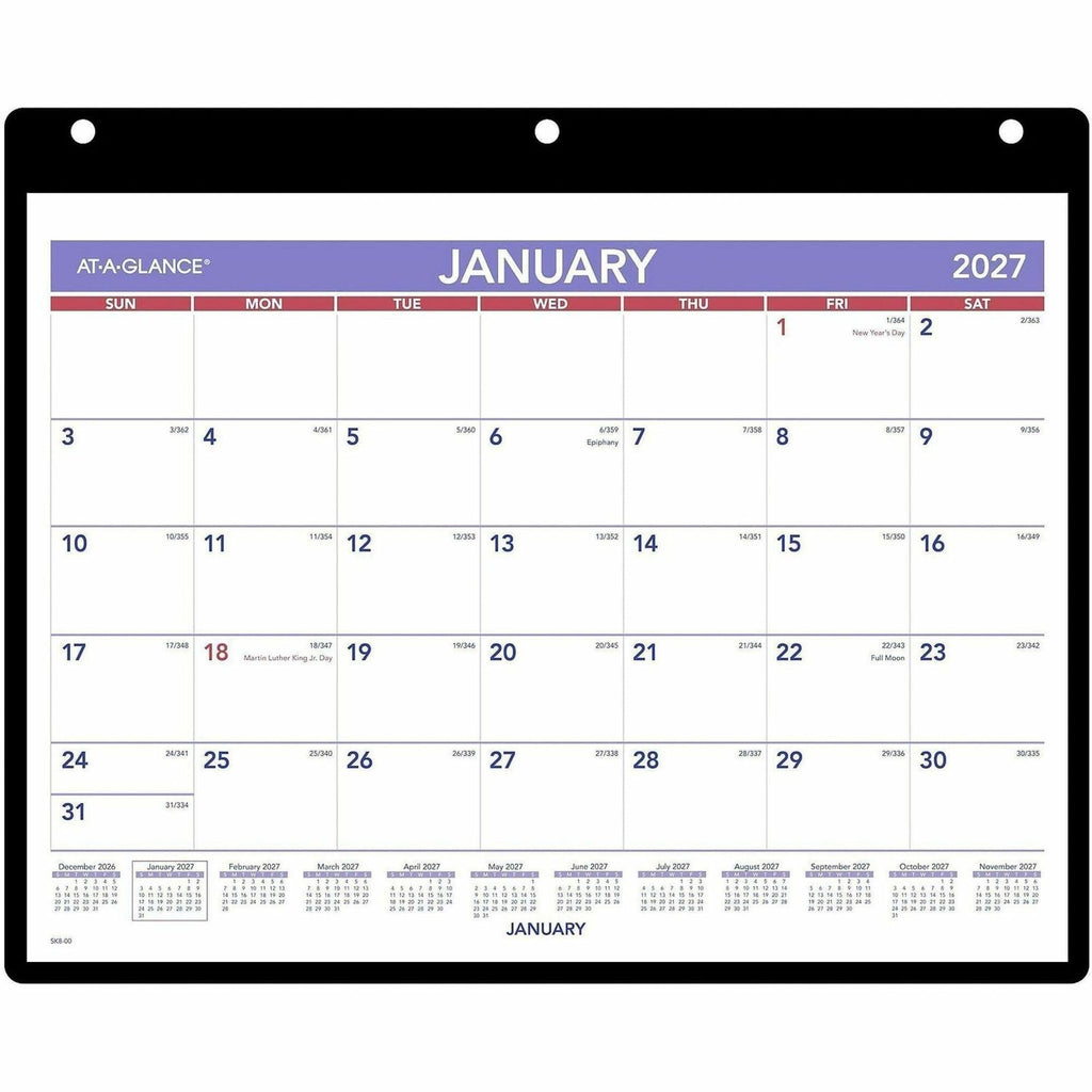 Monthly Desk/Wall Calendar with Plastic Backboard and Bonus Pages, 11 x 8, White/Violet/Red Sheets, 12-Month (Jan-Dec): 2024