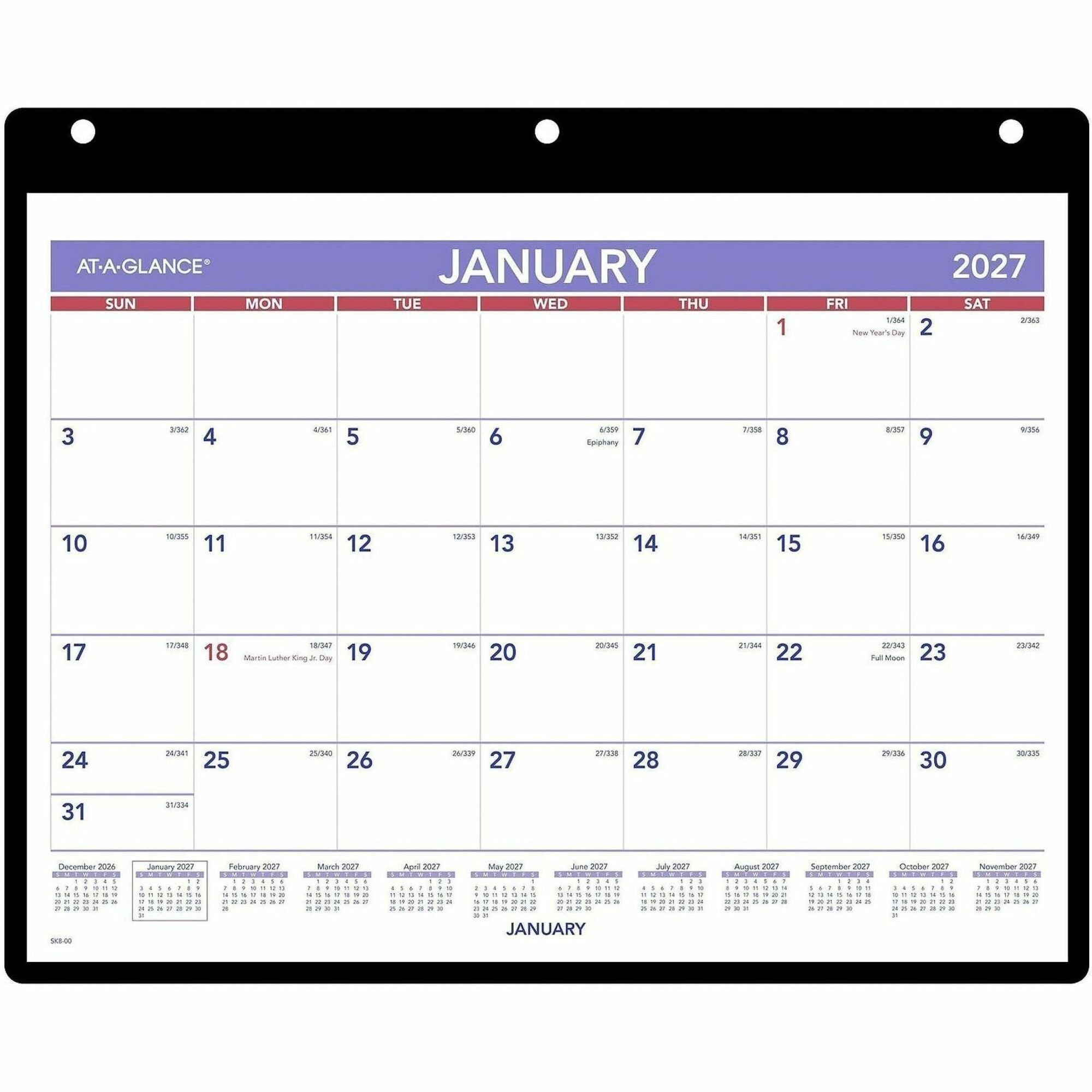 Monthly Desk/Wall Calendar with Plastic Backboard and Bonus Pages, 11 x 8, White/Violet/Red Sheets, 12-Month (Jan-Dec): 2024
