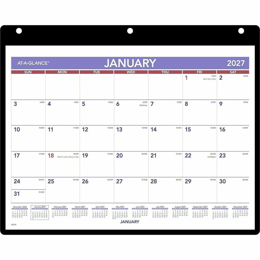 Monthly Desk/Wall Calendar with Plastic Backboard and Bonus Pages, 11 x 8, White/Violet/Red Sheets, 12-Month (Jan-Dec): 2024