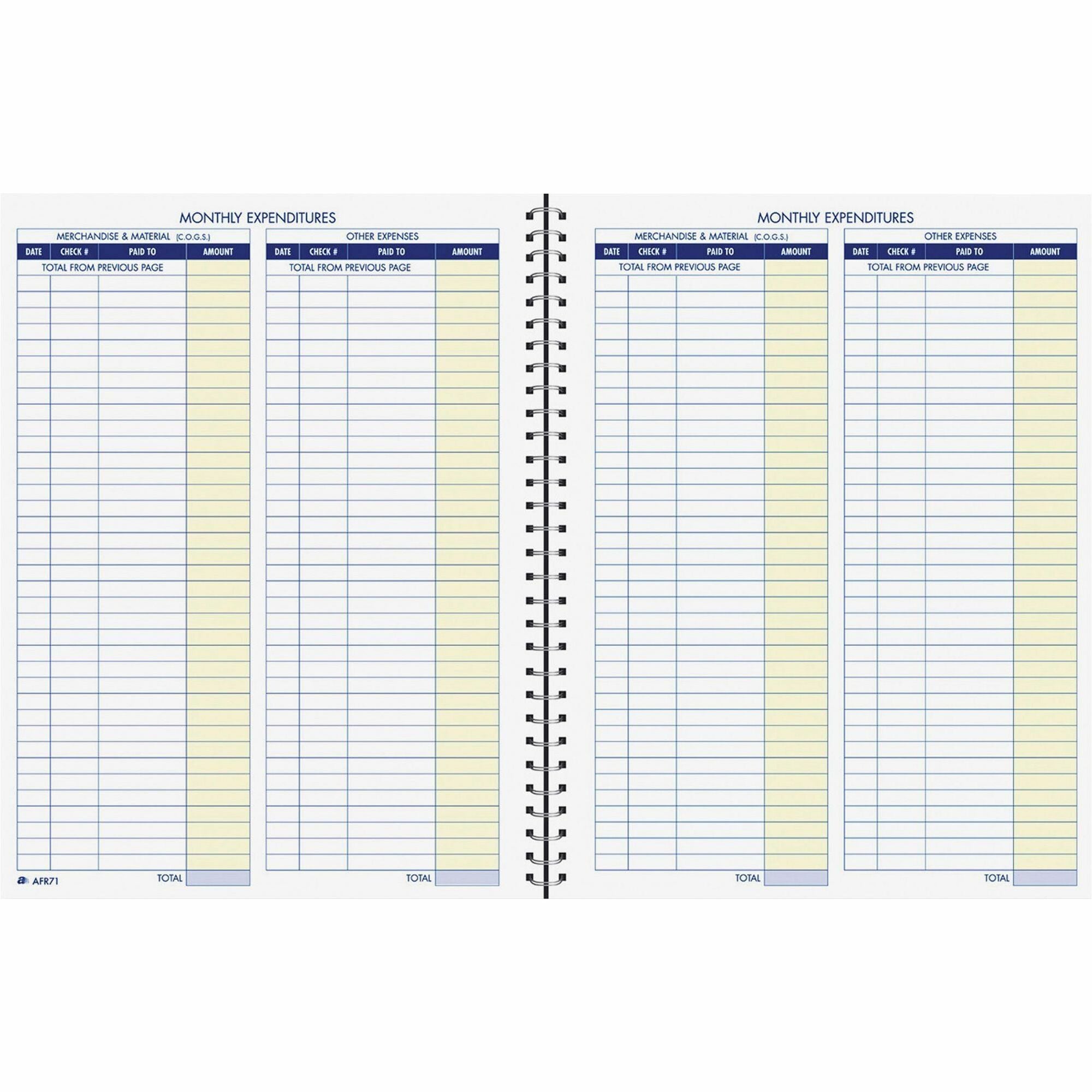 Adams Monthly Bookkeeping Record Book - Spiral Bound - White Sheet(s) - Blue, Yellow Print Color - 1 Each - 
