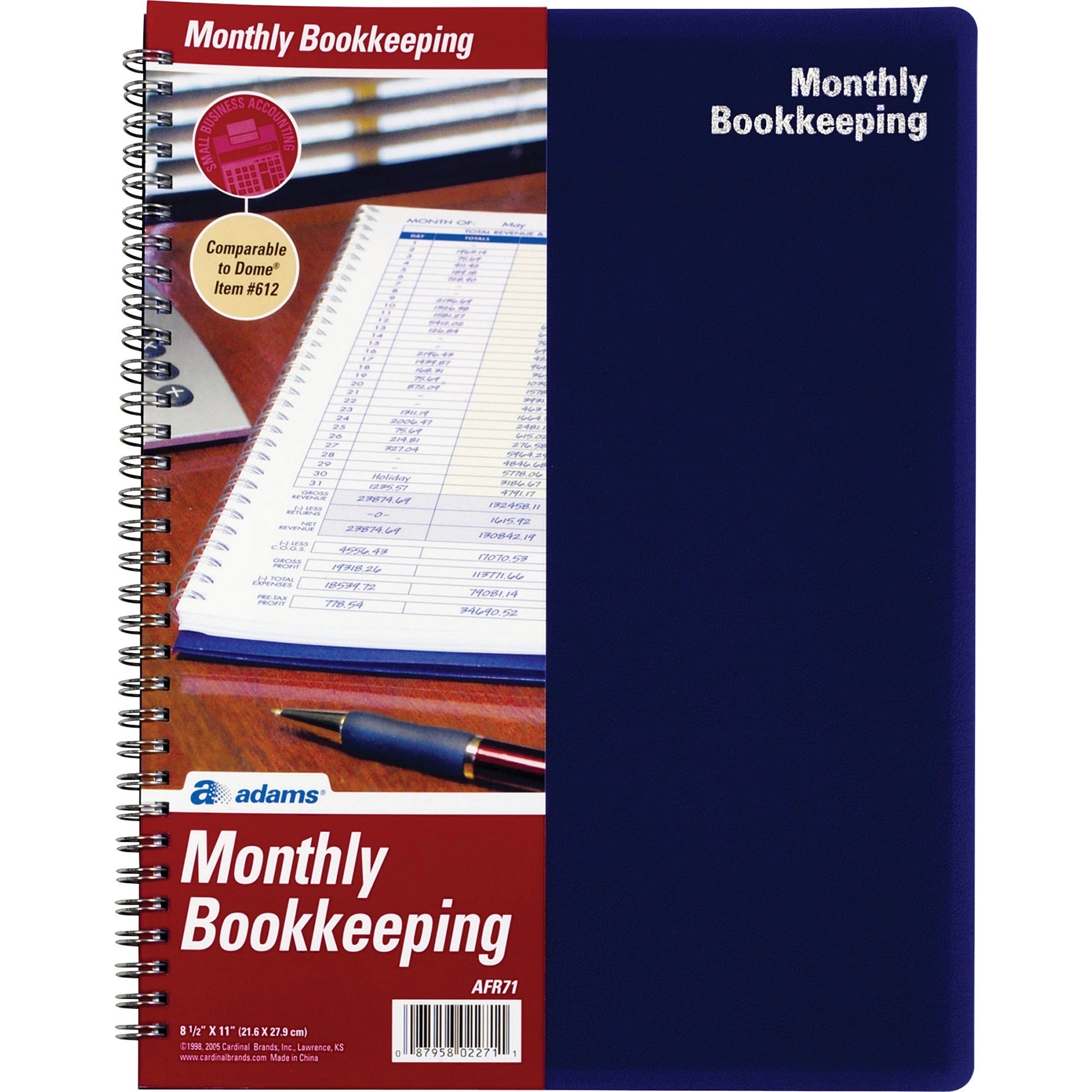 Adams Monthly Bookkeeping Record Book - Spiral Bound - White Sheet(s) - Blue, Yellow Print Color - 1 Each - 