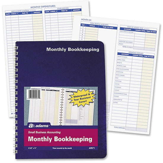 Adams Monthly Bookkeeping Record Book - Spiral Bound - White Sheet(s) - Blue, Yellow Print Color - 1 Each - 