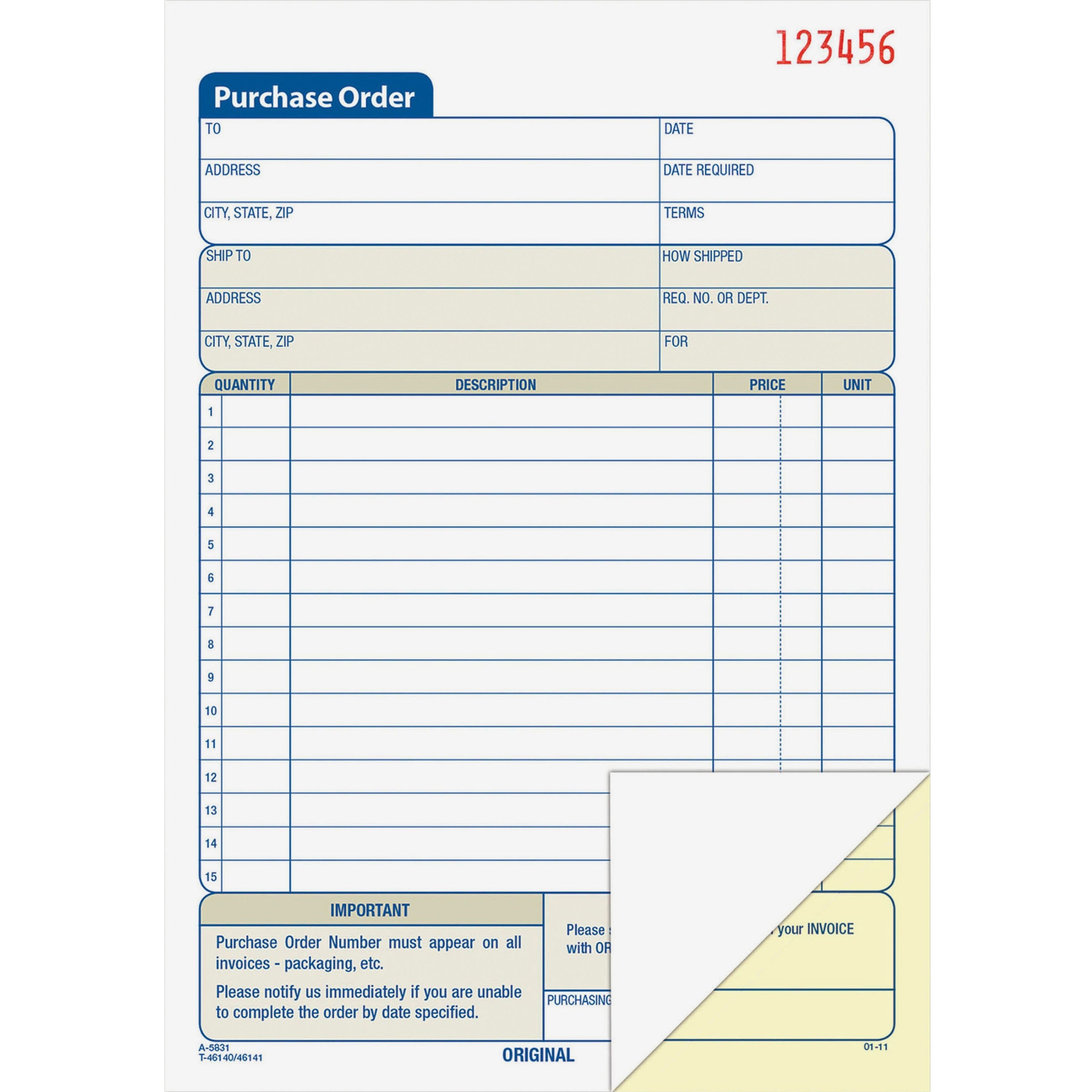 Adams Carbonless Purchase Order Statement - Tape Bound - 2 PartCarbonless Copy - 5.56" x 8.43" Sheet Size - 2 x Holes - White, Canary - Assorted Sheet(s) - 1 Each - 