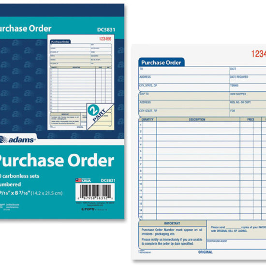 Adams Carbonless Purchase Order Statement - Tape Bound - 2 PartCarbonless Copy - 5.56" x 8.43" Sheet Size - 2 x Holes - White, Canary - Assorted Sheet(s) - 1 Each - 