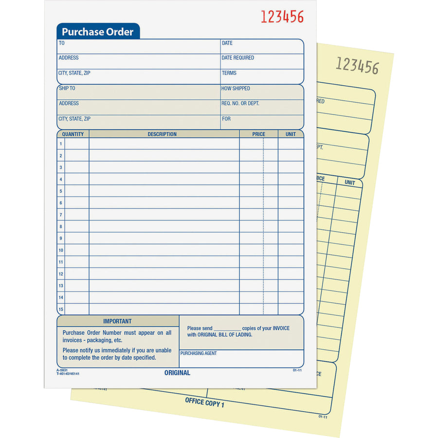 Adams Carbonless Purchase Order Statement - Tape Bound - 2 PartCarbonless Copy - 5.56" x 8.43" Sheet Size - 2 x Holes - White, Canary - Assorted Sheet(s) - 1 Each - 