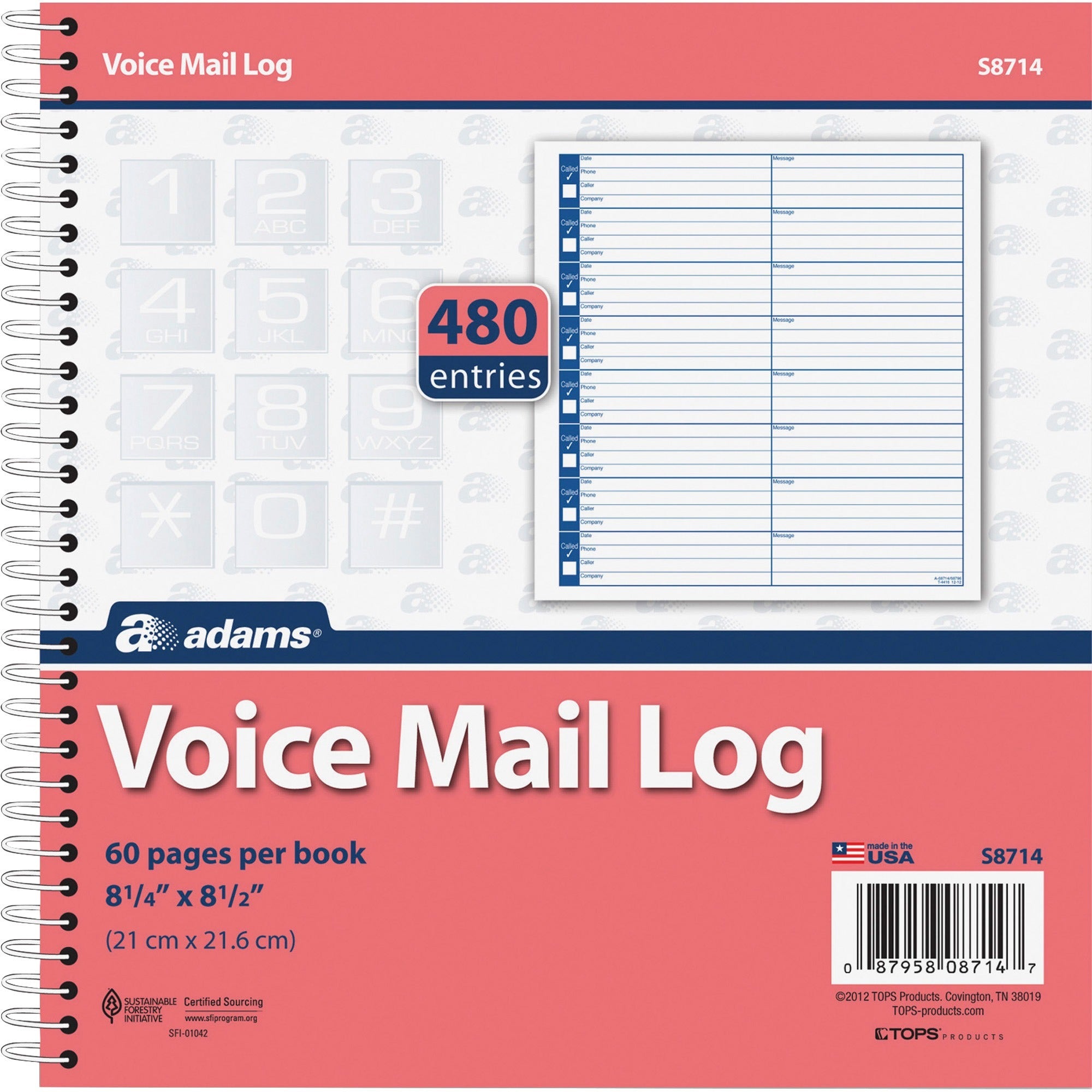 Adams Voice Mail Log Book - 60 Sheet(s) - Spiral Bound - 7.50" x 8.50" Sheet Size - 2 / Pack - 
