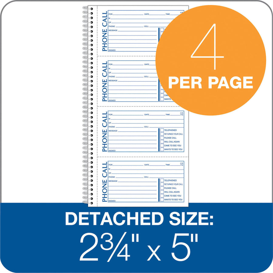 Adams Spiral Bound Phone Message Books - 400 Sheet(s) - Spiral Bound - 2 Part - 5.25" x 11" Sheet Size - Assorted Sheet(s) - Recycled - 1 Each