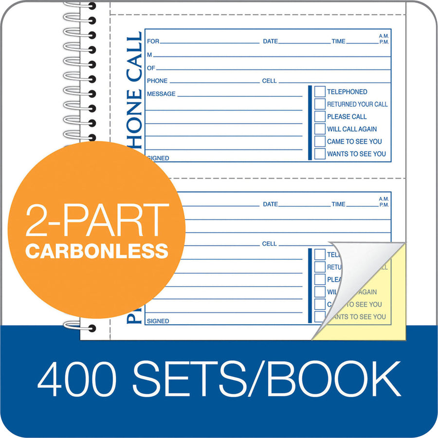 Adams Spiral Bound Phone Message Books - 400 Sheet(s) - Spiral Bound - 2 Part - 5.25" x 11" Sheet Size - Assorted Sheet(s) - Recycled - 1 Each