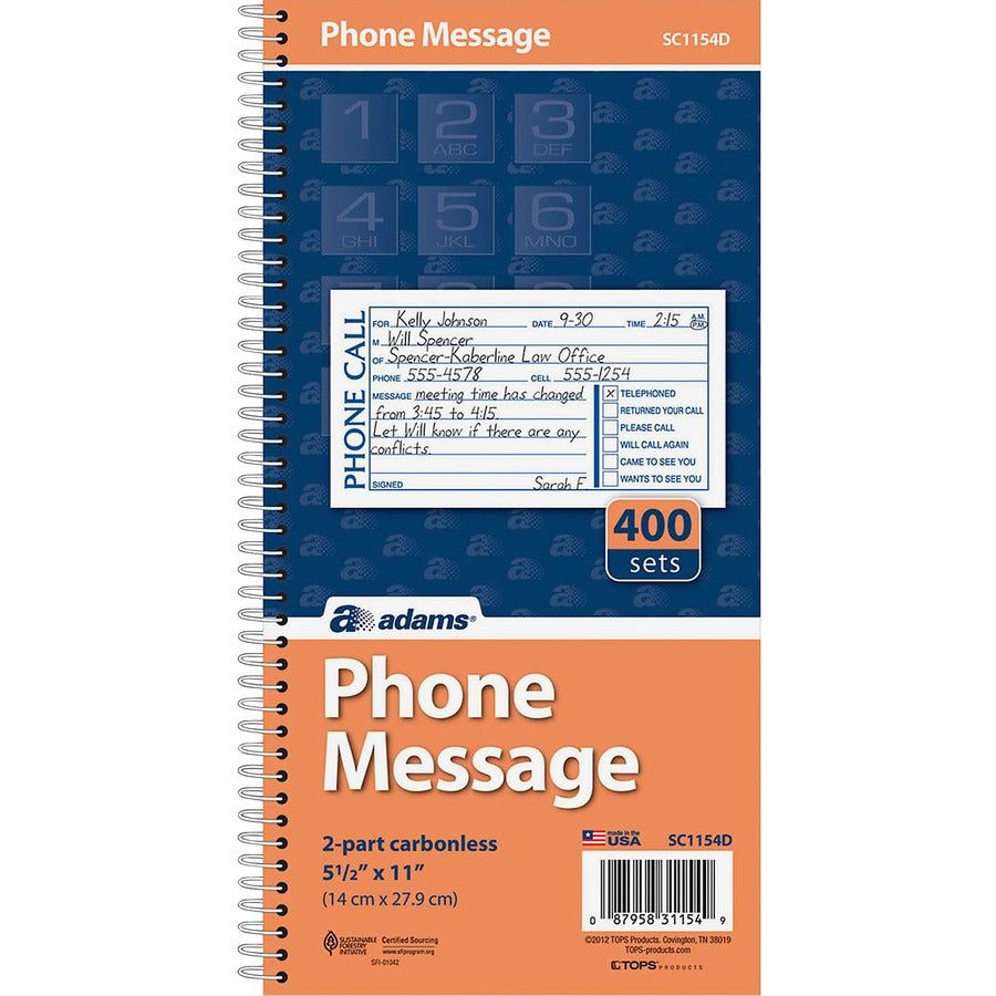 Adams Spiral Bound Phone Message Books - 400 Sheet(s) - Spiral Bound - 2 Part - 5.25" x 11" Sheet Size - Assorted Sheet(s) - Recycled - 1 Each