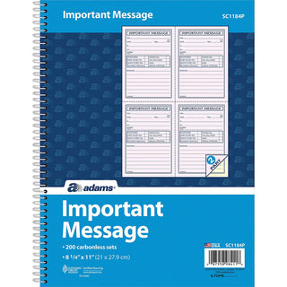 Adams Carbonless Important Message Pad - 200 Sheet(s) - Spiral Bound - 2 PartCarbonless Copy - 8.50" x 11" Sheet Size - Assorted Sheet(s) - 1 Each - 