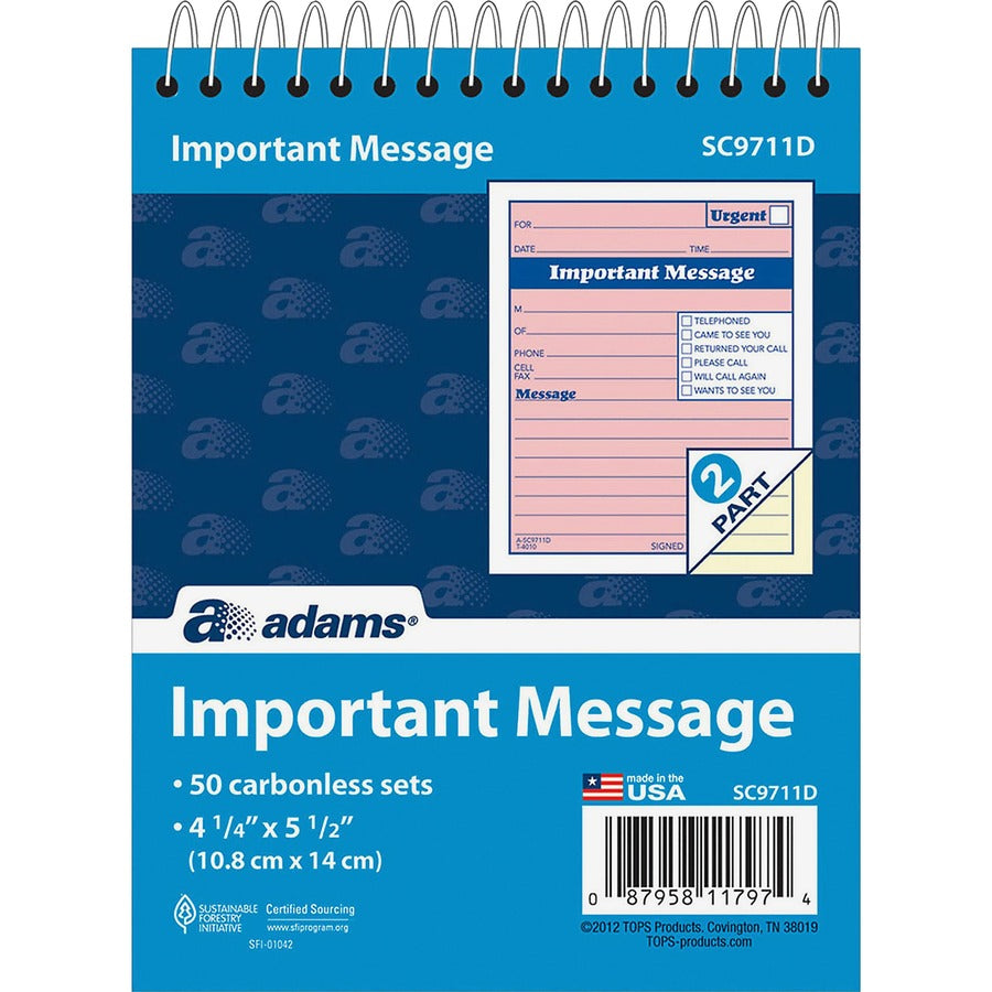 Adams Spiral-bound Phone Message Booklet - 50 Sheet(s) - Spiral Bound - 4" x 5.50" Sheet Size - 1 Each