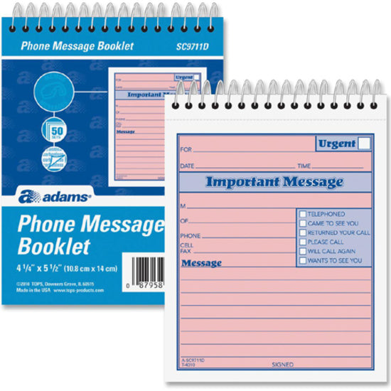 Adams Spiral-bound Phone Message Booklet - 50 Sheet(s) - Spiral Bound - 4" x 5.50" Sheet Size - 1 Each - 