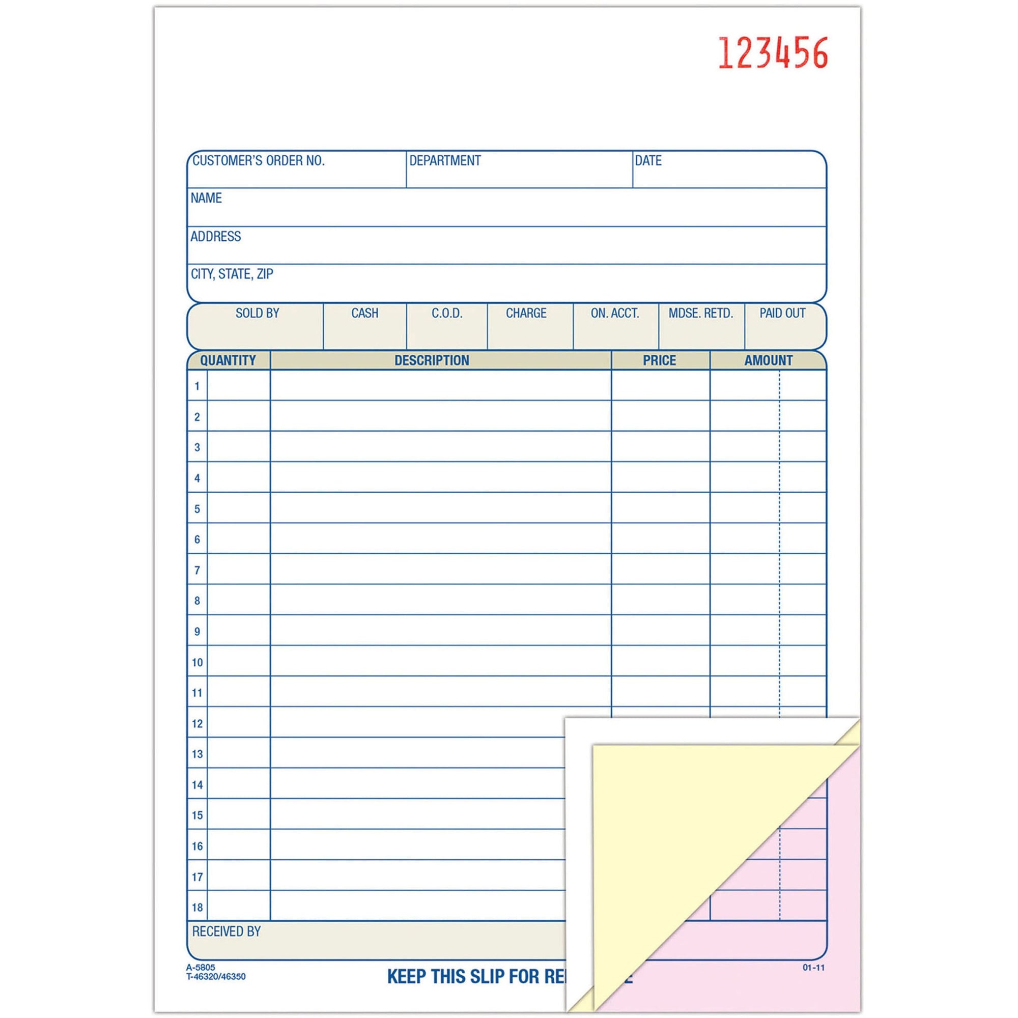 TOPS Sales/Order Book, Three-Part Carbonless, 7.95 x 5.56, 50 Forms Total
