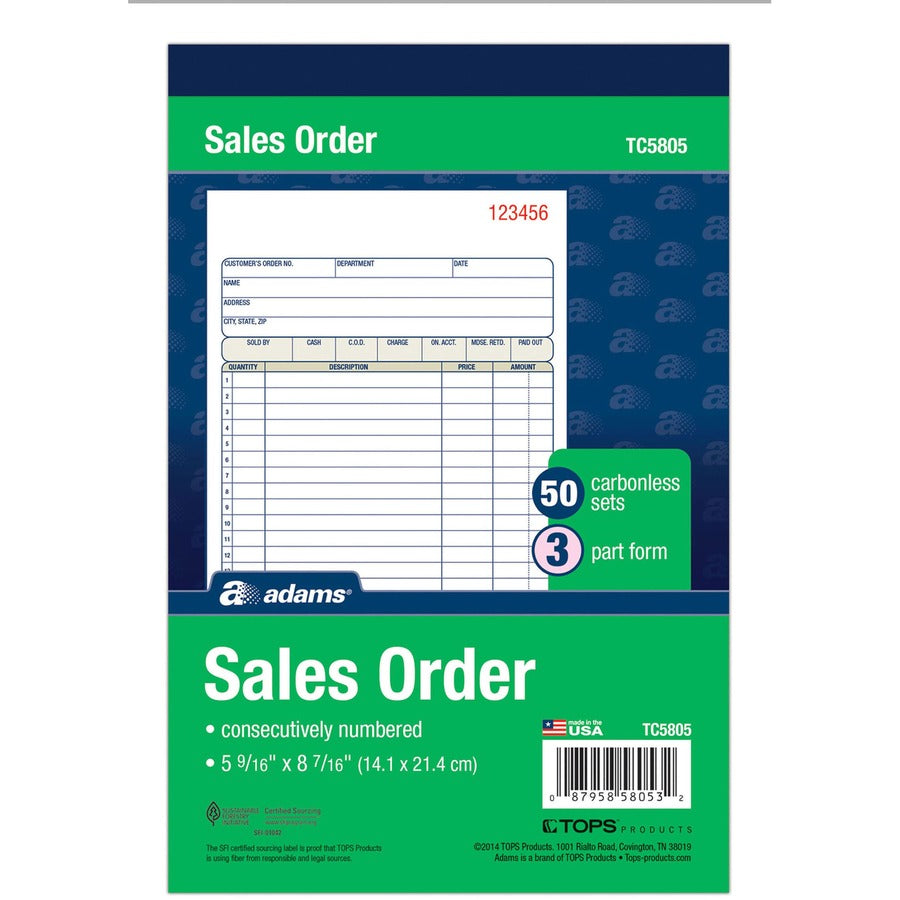 TOPS Sales/Order Book, Three-Part Carbonless, 7.95 x 5.56, 50 Forms Total