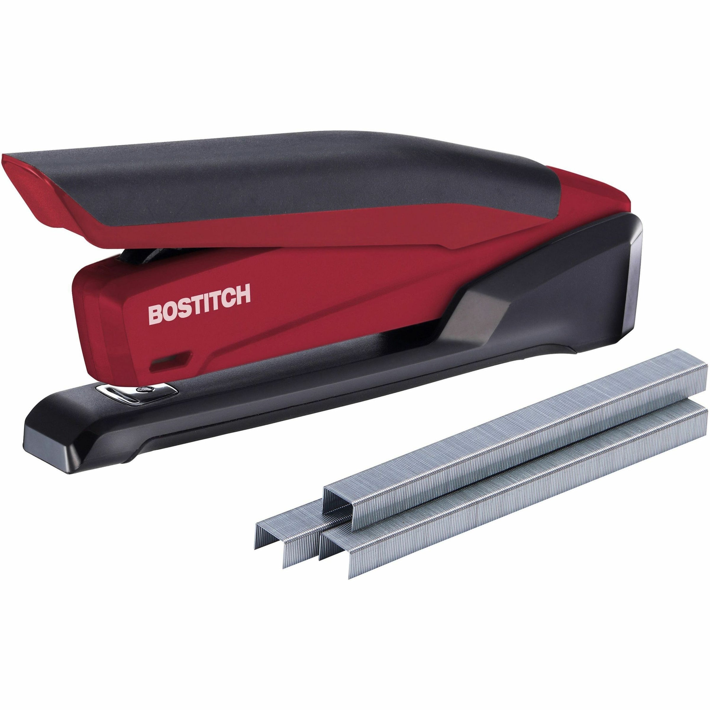InPower One-Finger 3-in-1 Desktop Stapler with Antimicrobial Protection, 20-Sheet Capacity, Red/Black