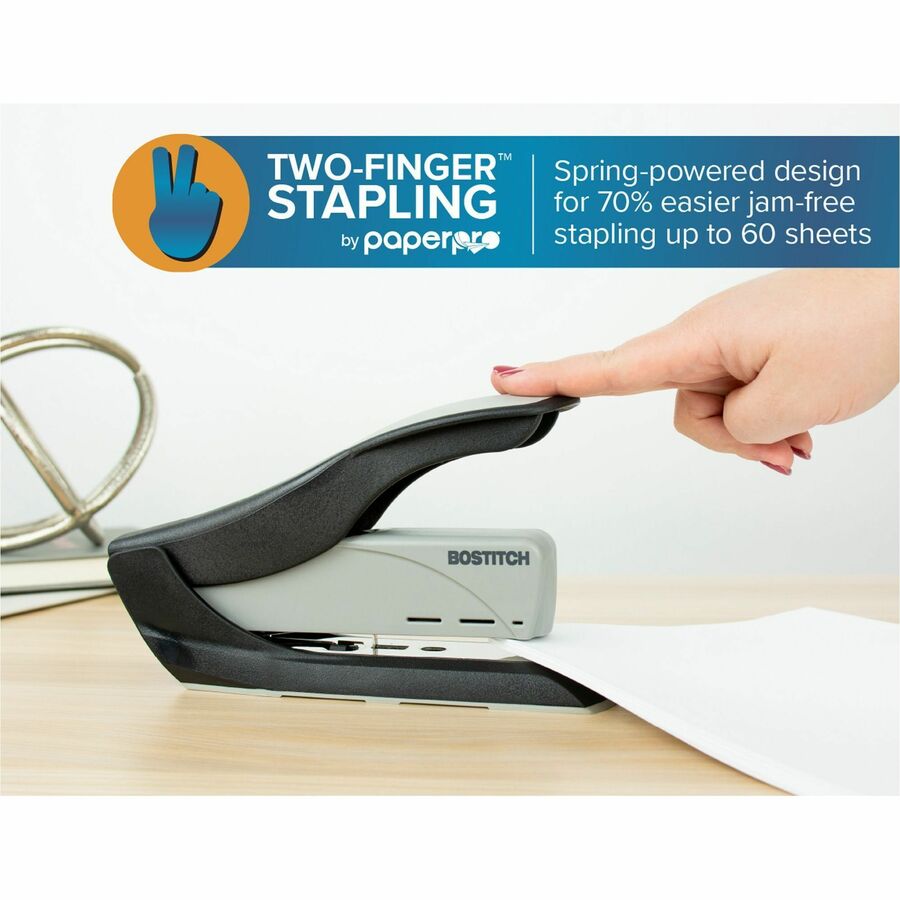 Bostitch Spring-Powered Antimicrobial Heavy Duty Stapler - 60 Sheets Capacity - 5/16" , 3/8" Staple Size - 1 Each - Black, Gray - 4