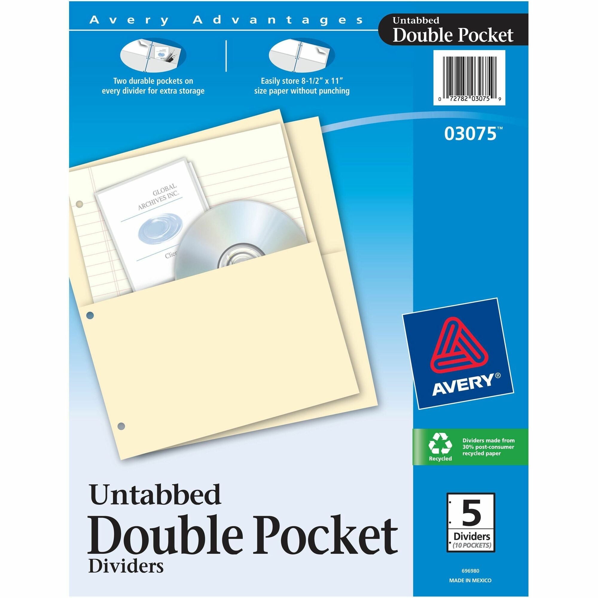 Avery Untabbed Double Pocket Dividers - 11.1" Height x 9.3" Width - 2 x Pockets Capacity - For Letter 8 1/2" x 11" Sheet - Ring Binder - Rectangular - Buff - 5 / Pack - 1