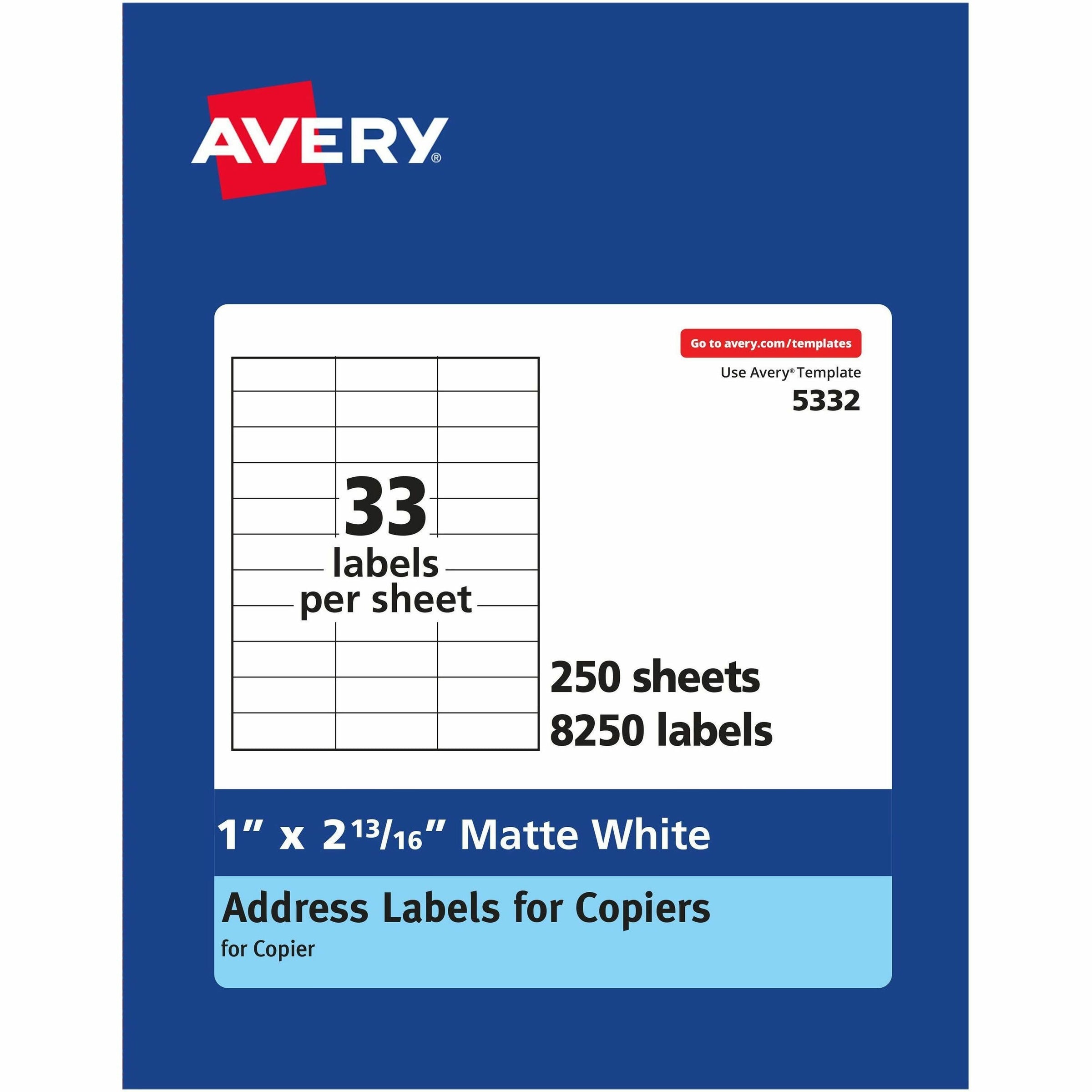 Copier Mailing Labels, Copiers, 1 x 2.81, White, 33/Sheet, 250 Sheets/Box