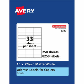 Copier Mailing Labels, Copiers, 1 x 2.81, White, 33/Sheet, 250 Sheets/Box