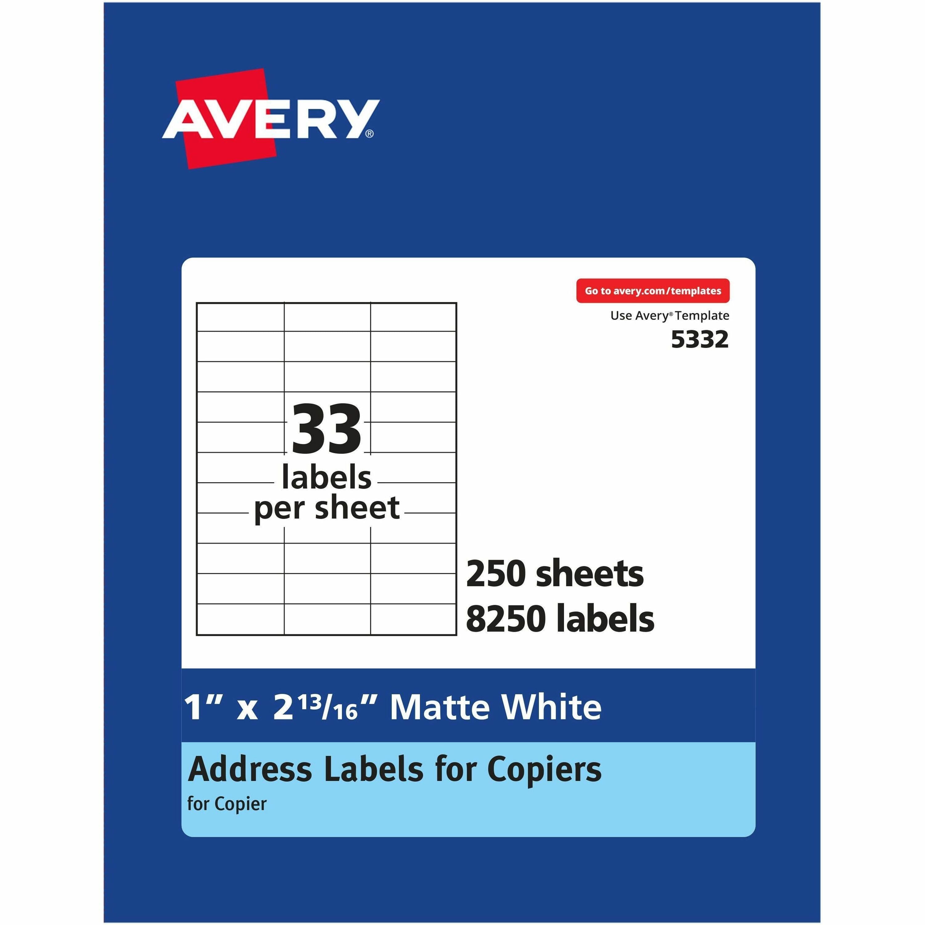Copier Mailing Labels, Copiers, 1 x 2.81, White, 33/Sheet, 250 Sheets/Box