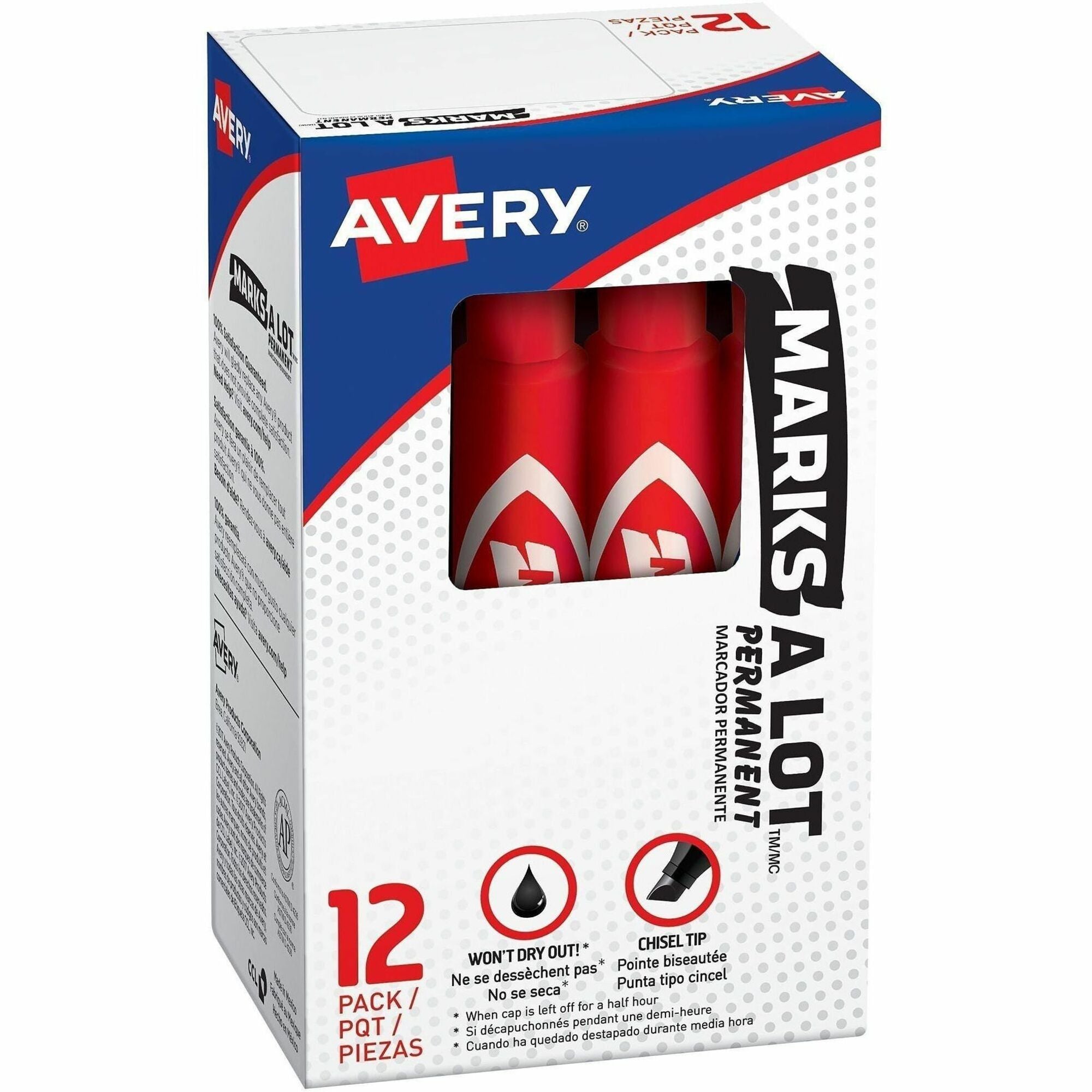 MARKS A LOT Regular Desk-Style Permanent Marker, Broad Chisel Tip, Red, Dozen (7887)