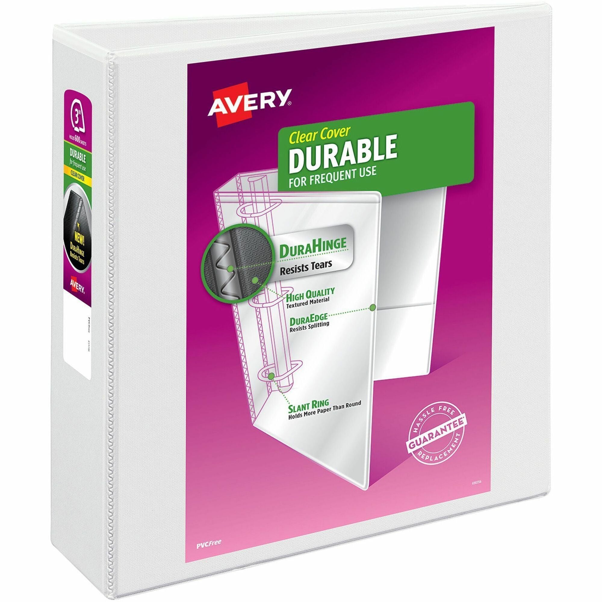 Avery Durable View Binder - EZD Rings - 3" Binder Capacity - Letter - 8 1/2" x 11" Sheet Size - 670 Sheet Capacity - 3 x D-Ring Fastener(s) - 4 Internal Pocket(s) - Poly - White - Recycled - Easy Insert Spine, Exposed Rivet, Gap-free Ring, Stack - 