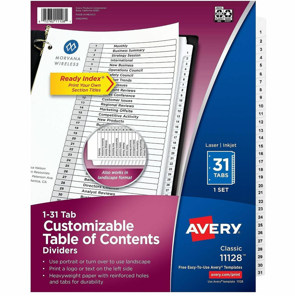 Customizable TOC Ready Index Black and White Dividers, 31-Tab, 1 to 31, 11 x 8.5, 1 Set
