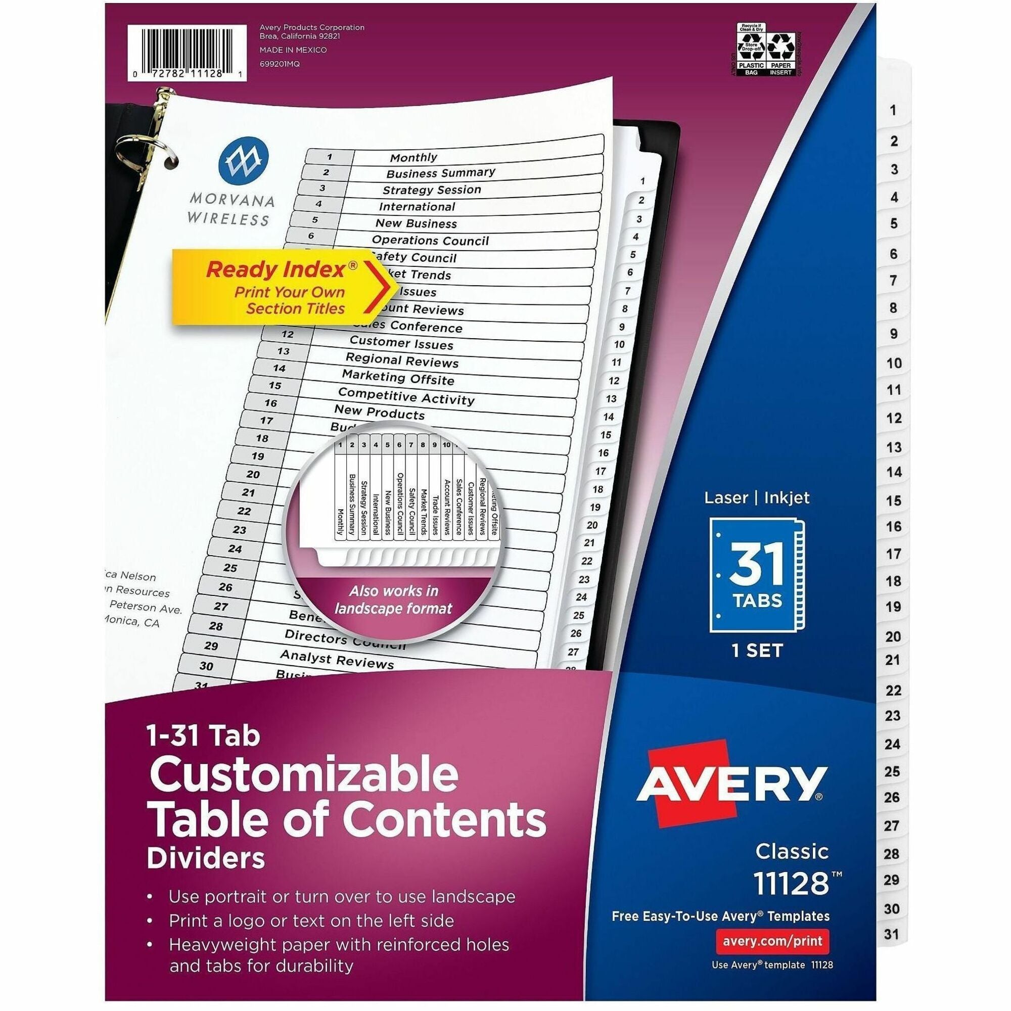 Customizable TOC Ready Index Black and White Dividers, 31-Tab, 1 to 31, 11 x 8.5, 1 Set