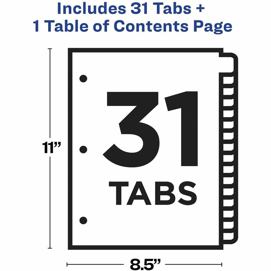 Customizable TOC Ready Index Black and White Dividers, 31-Tab, 1 to 31, 11 x 8.5, 1 Set