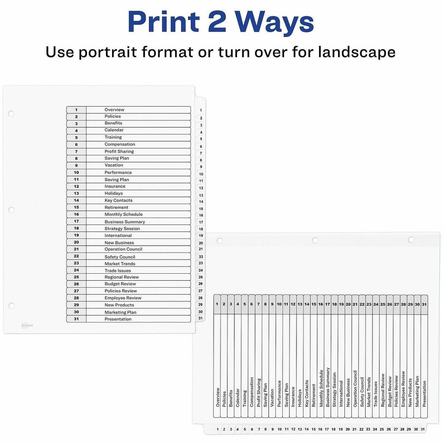 Customizable TOC Ready Index Black and White Dividers, 31-Tab, 1 to 31, 11 x 8.5, 1 Set