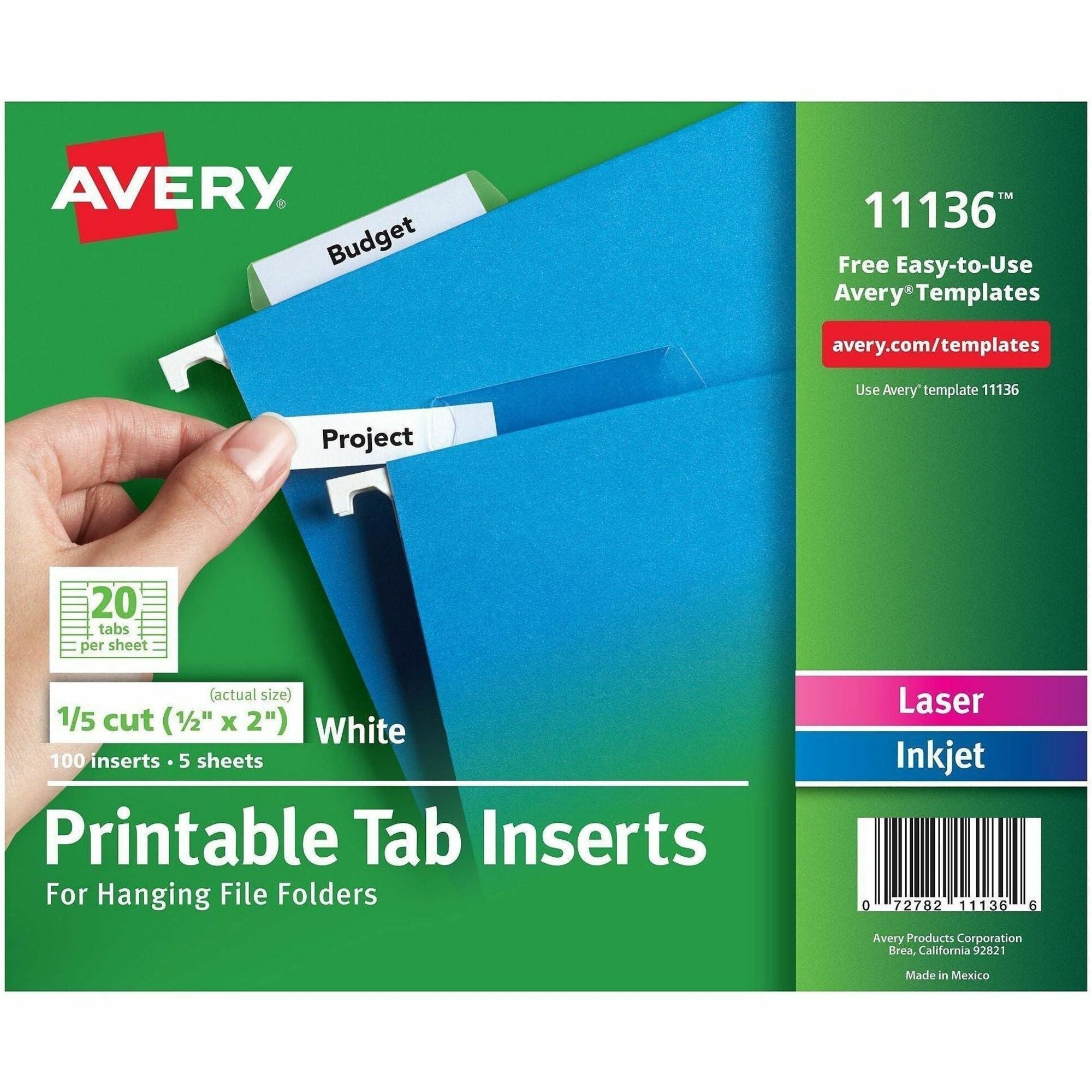 Tabs Inserts For Hanging File Folders, 1/5-Cut, White, 2" Wide, 100/Pack