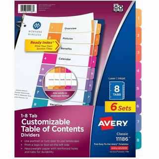Customizable TOC Ready Index Multicolor Tab Dividers, 8-Tab, 1 to 8, 11 x 8.5, White, Traditional Color Tabs, 6 Sets