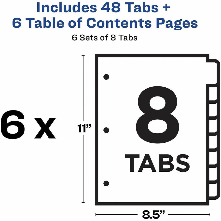 Customizable TOC Ready Index Multicolor Tab Dividers, 8-Tab, 1 to 8, 11 x 8.5, White, Traditional Color Tabs, 6 Sets