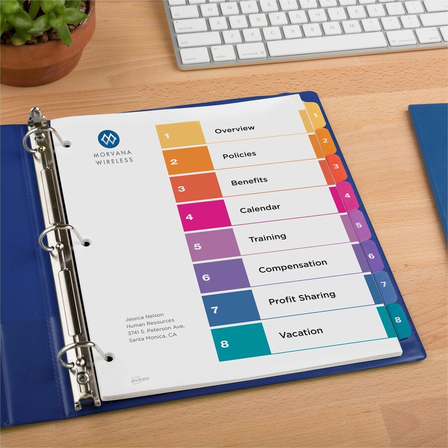 Customizable TOC Ready Index Multicolor Tab Dividers, 8-Tab, 1 to 8, 11 x 8.5, White, Traditional Color Tabs, 6 Sets