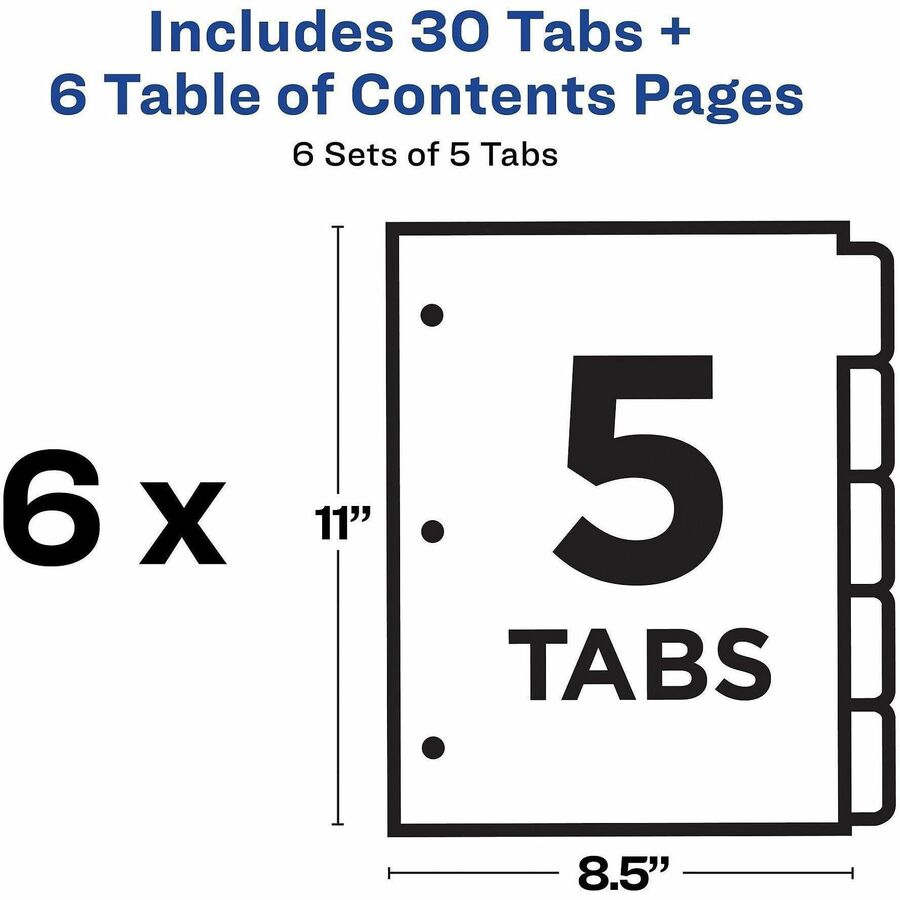 Customizable TOC Ready Index Multicolor Tab Dividers, 5-Tab, 1 to 5, 11 x 8.5, White, Traditional Color Tabs, 6 Sets