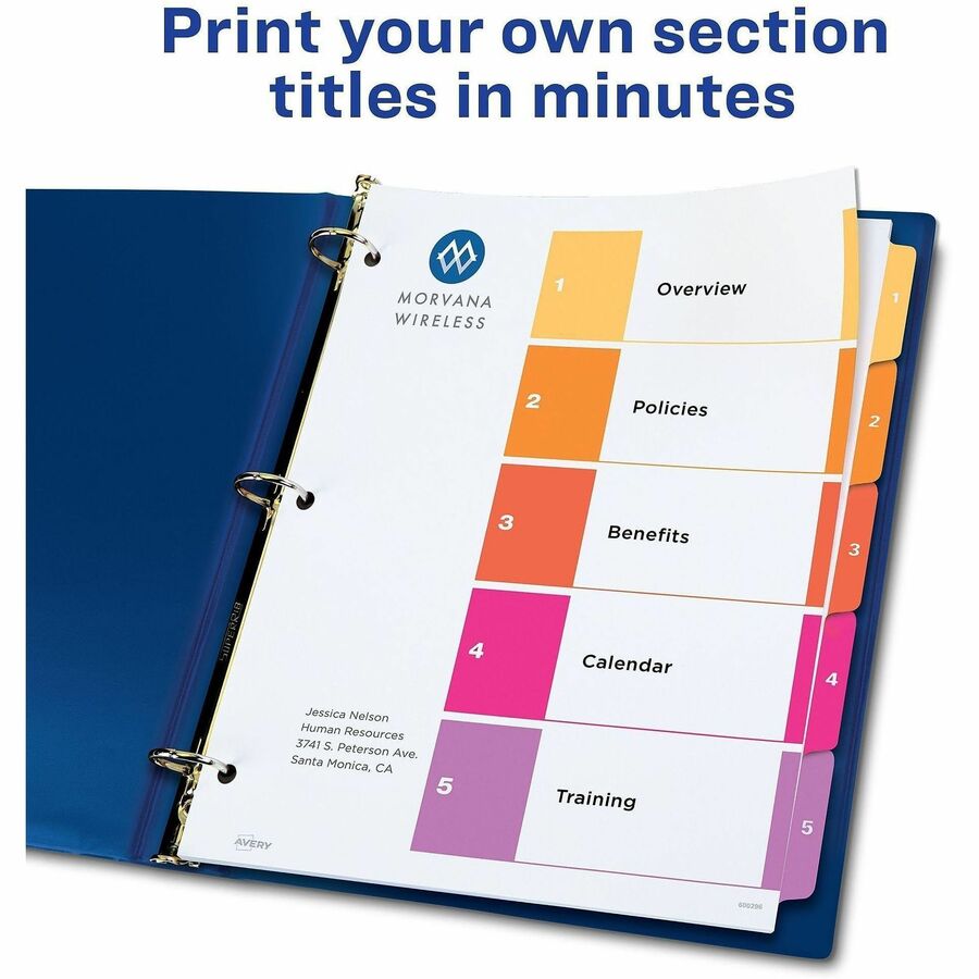 Customizable TOC Ready Index Multicolor Tab Dividers, 5-Tab, 1 to 5, 11 x 8.5, White, Traditional Color Tabs, 6 Sets