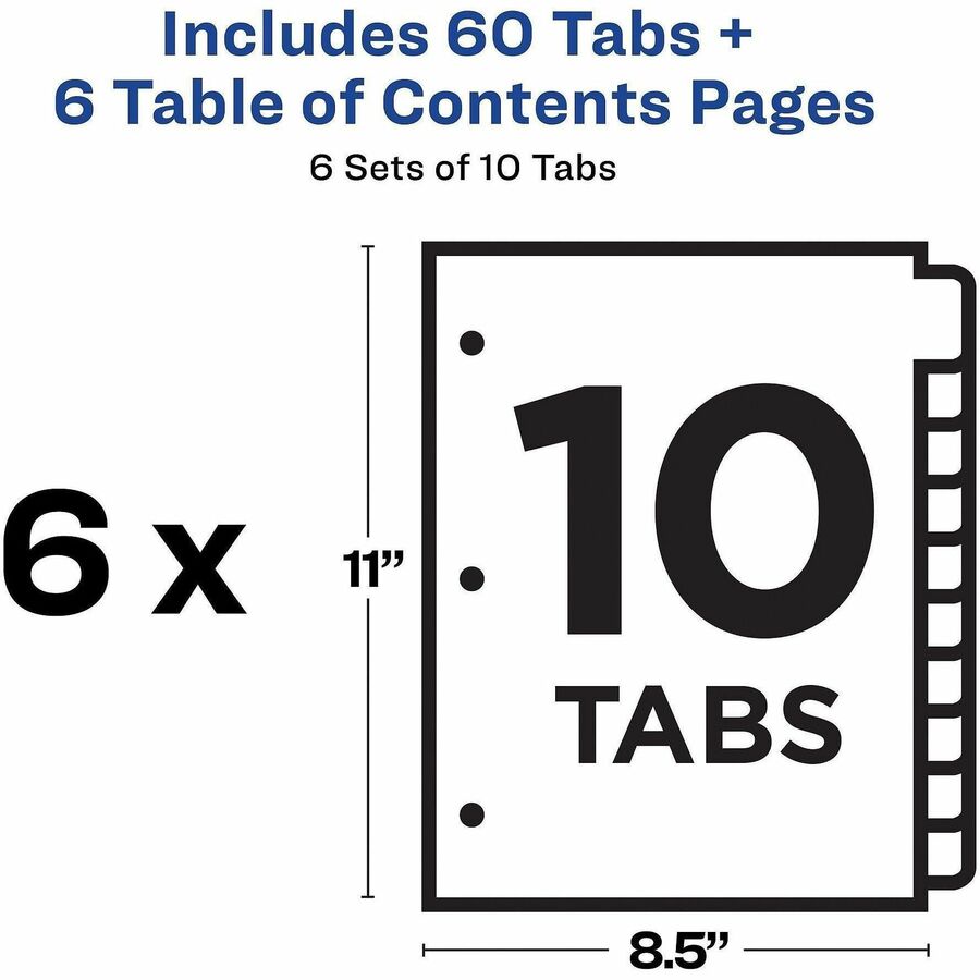 Customizable TOC Ready Index Multicolor Tab Dividers, 10-Tab, 1 to 10, 11 x 8.5, White, Traditional Color Tabs, 6 Sets