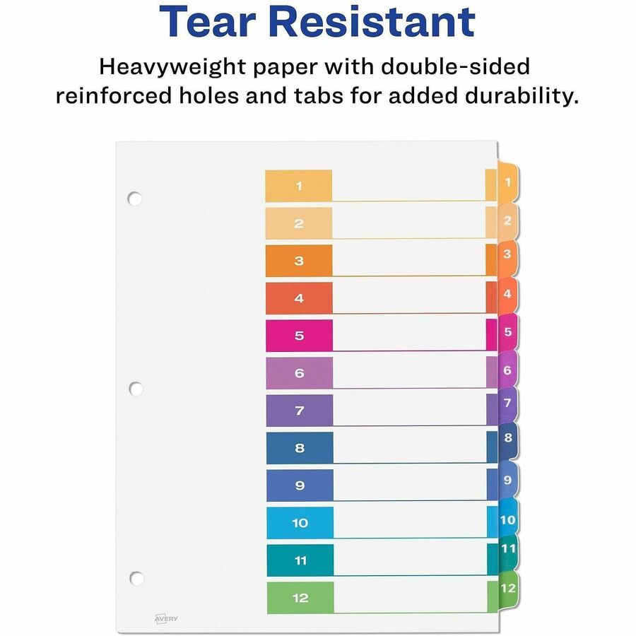 Customizable TOC Ready Index Multicolor Tab Dividers, 12-Tab, 1 to 12, 11 x 8.5, White, Traditional Color Tabs, 6 Sets