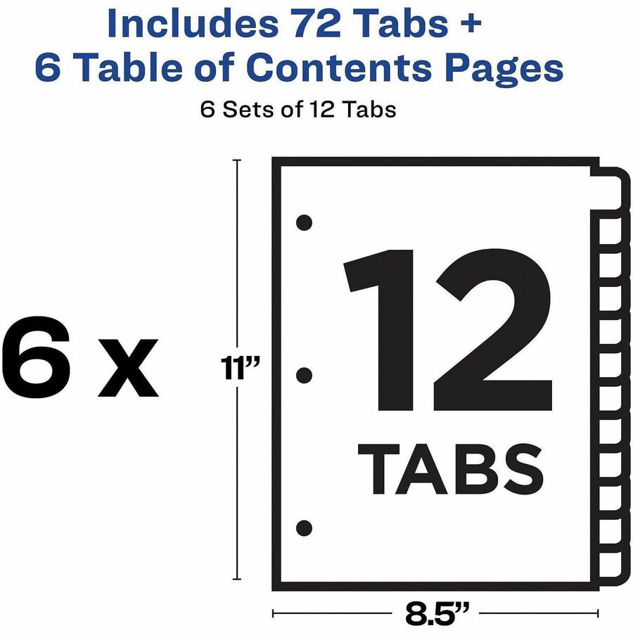 Customizable TOC Ready Index Multicolor Tab Dividers, 12-Tab, 1 to 12, 11 x 8.5, White, Traditional Color Tabs, 6 Sets