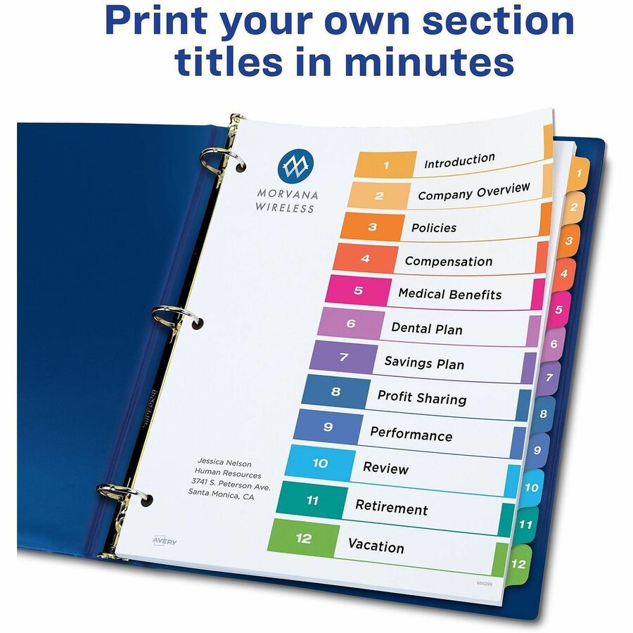 Customizable TOC Ready Index Multicolor Tab Dividers, 12-Tab, 1 to 12, 11 x 8.5, White, Traditional Color Tabs, 6 Sets